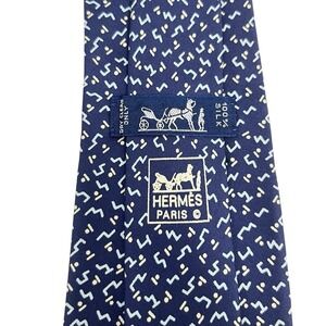 Hermes Men's Tie Navy Blue Geometric Satin Silk 7680 TA 3.5" (W) x 57" (L) guc